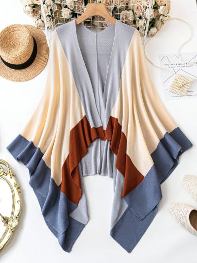 Plus Size Color Blocking Open Front Cardigan (no Button)
