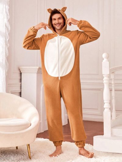 Men Family Matching Colorblock 3D Ear Design Hooded Flannel Sleep Jumpsuit