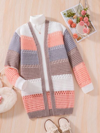 Tween Girl 1pc Color Block Striped Pattern Duster Cardigan