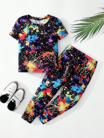 SHEIN Toddler Boys' Comfortable And Casual Fluorescent Splatter Effect Printed Short-Sleeved Top With Pants For Homewear