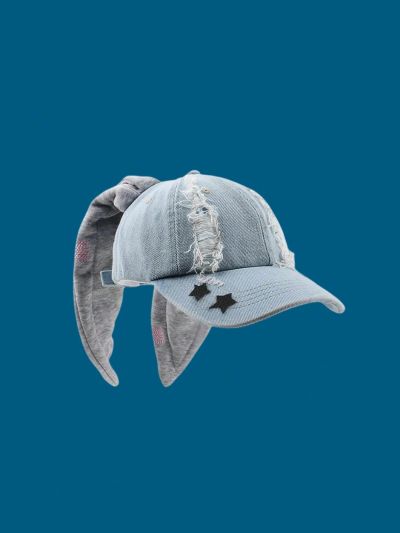 1pc Rabbit Ear Long Denim Baseball Cap Washed Graffiti Millennium Style Sweet And Spicy Street Trend Dance Hip Hop Hat