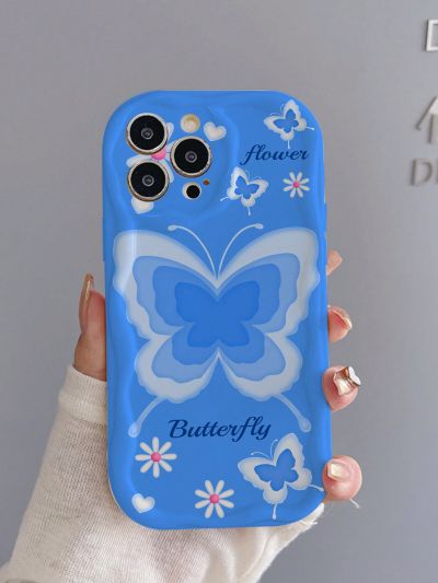 1pc Blue Butterfly Ombre Pattern Phone Case