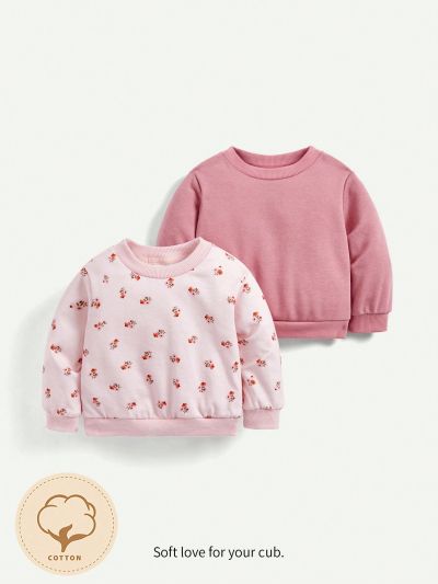 Cozy Cub Baby Girl Floral Pattern Solid Color Round Neck Off-Shoulder Sweatshirt Two-Piece Set