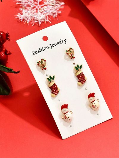 3pairs/set Fashion Zinc Alloy Rhinestone Snowflake Deer Santa Claus Christmas Tree Stud Earrings Set Ladies Christmas Holiday Gifts