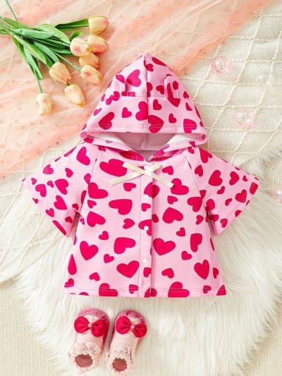 SHEIN Baby Girls' Cute Heart Pattern Printed Casual Hooded Jacket With 3d Ears Perfect For Valentine's Day