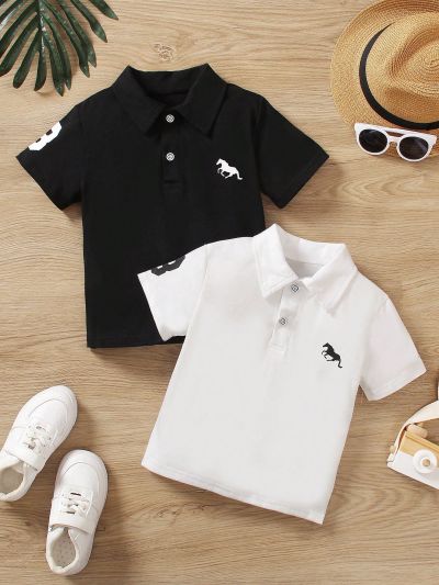 SHEIN 2pcs/set Toddler Boys' Casual Horse Printed Short Sleeve Polo Shirt