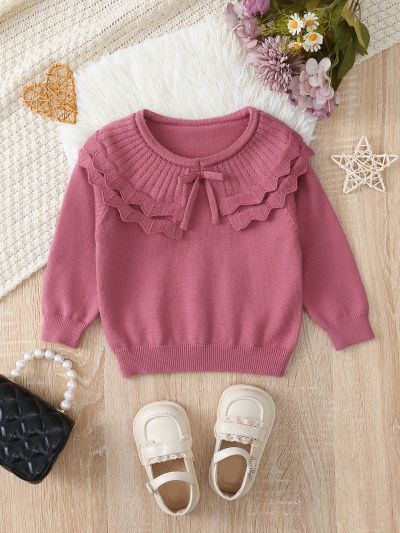 Baby Girls' Knitted Sweater With Ruffled Collar