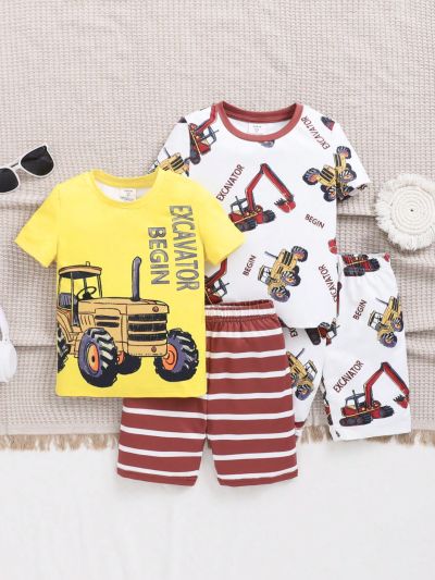 SHEIN 4pcs Young Boys' Cute Car Pattern, Letter, Stripe And Print Round Neck Tee And Shorts Set, Snug Fit Home Outfits For Comfortable And All-Day Wear In Spring And Summer