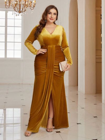 SHEIN Belle Plus Size Pleated High Slit V-neck Long Sleeve Bridesmaid Dress