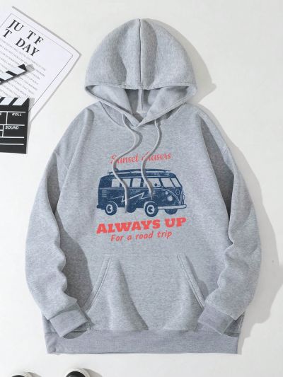 Men's Plus Size Car Letter Printed Drawstring Hoodie