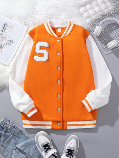 Teenage Girls' Casual Street Style College Letter Print Color Block Patchwork Jacket