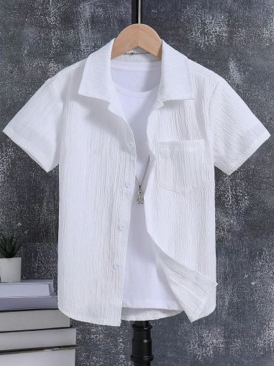 SHEIN Kids EVRYDAY Tween Boy White Linen Look Texture Casual Shirt