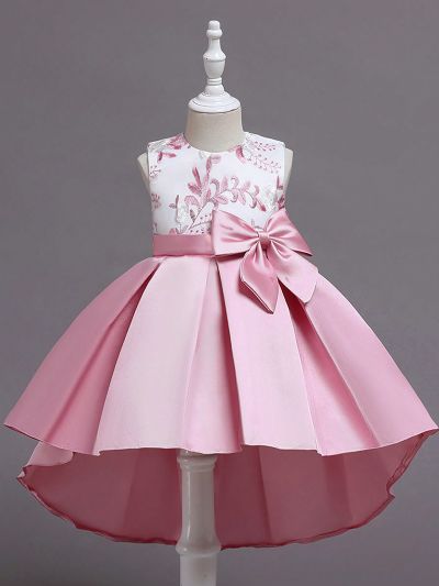 Little Girls' Sleeveless Embroidered Long Dress With Trail