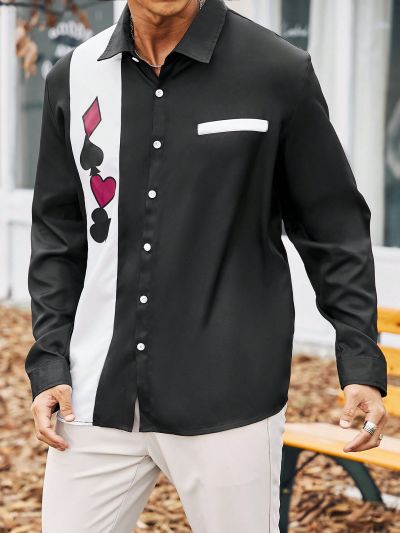 Extended Sizes Men's Plus Size Color Block Spades & Diamond Print Long Sleeve Shirt