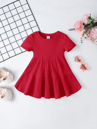 SHEIN Baby Girl's Leisure Style Solid Color Ribbed Short Sleeve Dress