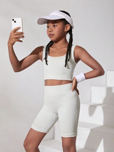 SHEIN Tween Girl Seamless Knitted Jacquard U Neck Vest Shorts Two-Piece Athletic Set