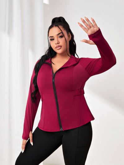 Plus Zip Up Thumb Holes Raglan Sleeve Sports Jacket