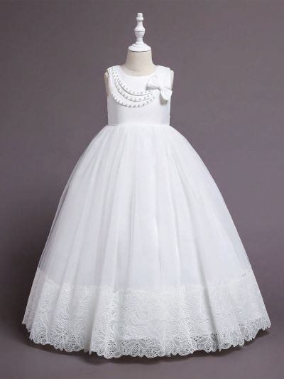 Girls' Mesh Pearl Leather Puffy Princess Dress