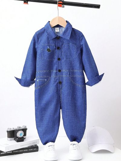 Young Boy Button Front Denim Effect Jumpsuit