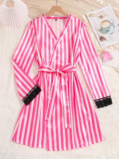 Striped Lace Patchwork Belted Robe