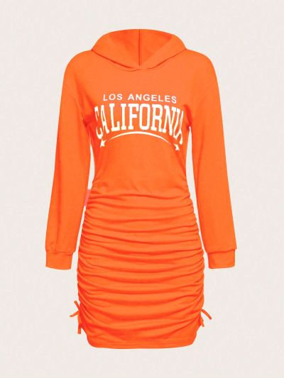 SHEIN Teen Girls' Letter Printed Y2k Streetwear Academy Pleated Bodycon Hoodie Dress