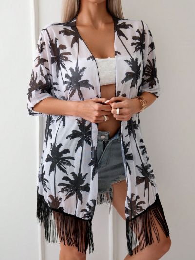 SHEIN Swim Vcay Women's Kimono Jacket Blouse With Palm Tree Print