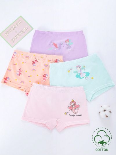 4pcs/Set Young Girls' Cartoon Printed Square Underwear