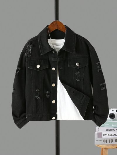 Tween Boy Ripped Flap Detail Denim Jacket Without Tee