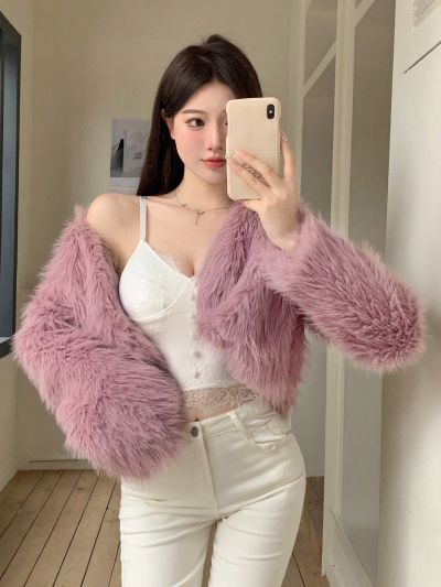 DAZY Solid Color Front Open Plush Jacket
