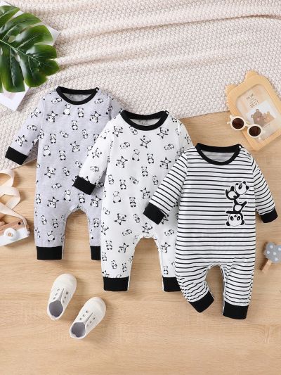 Baby Boys' Cute Panda Stripe & Embroidery Design Simplistic Three-Color Jumpsuit Set, Black White Gray