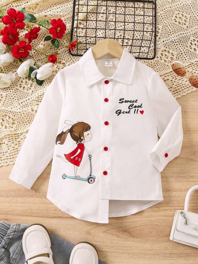 SHEIN Kids QTFun Young Girl's Shirt Front Short, Back Long, With Letter Print & Cartoon Design Buttons, Spring & Autumn New Arrival