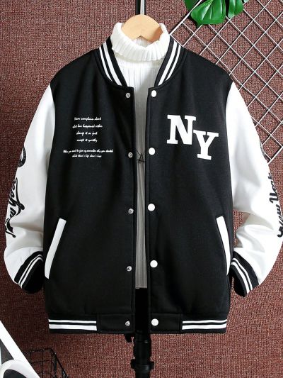 Teen Boys' Letter Print Color Block Baseball Jacket