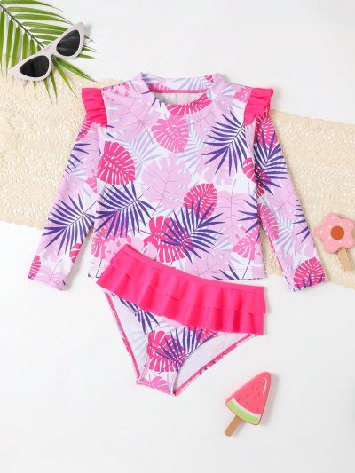 Little Girls' Plant Printed Long Sleeve Swimsuit Sun Protection Swimwear