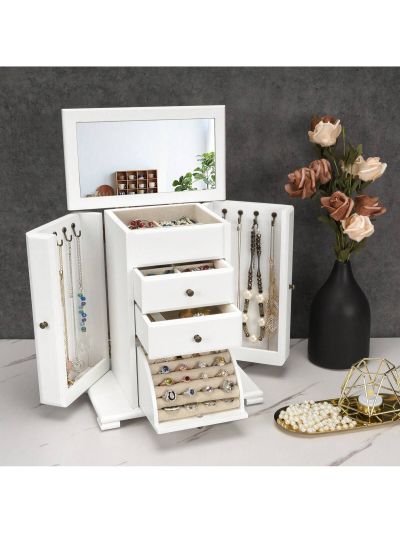 Jewelry Box for Women, Rustic Wooden Jewelry Boxes & Organizers with Mirror, 4 Layer Jewelry Organizer Box Display for Rings Earrings Necklaces Bracelets