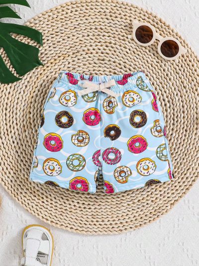 SHEIN Baby Boys' Donut Design Swim Shorts For Vacation & Casual Wear