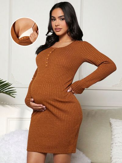 SHEIN Solid Color Ribbed Knit Maternity Nursing Dress