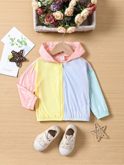 SHEIN Baby Girls' Casual Hooded Wind Jacket With Color Block Design