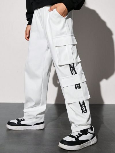 SHEIN Teenage Boys' Casual Straight Leg Cargo Pants With 3d Design Zippered Pockets And Letter Printed Belt