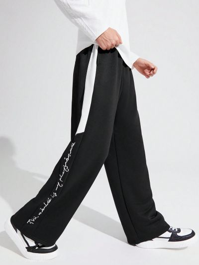 SHEIN Teenage Boys' Casual Loose Fit Side Stripe & Colorblock Patchwork English Print Knitted Straight Leg Pants