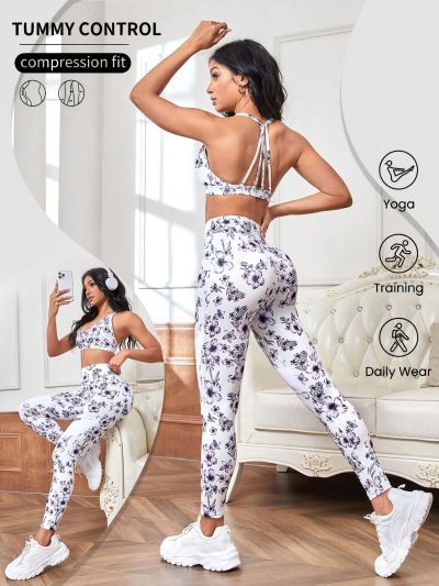 Women's Floral Printed Short Crop Tank Top And Leggings Sports Set