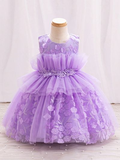 Flower Embellished Sleeveless Mesh Dress For Young Girls