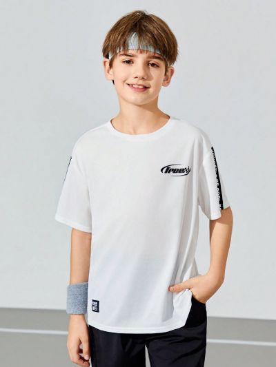 SHEIN Tween Boys Loose Fit Casual Round Neck Short Sleeve Sports T-Shirt With Letter Print