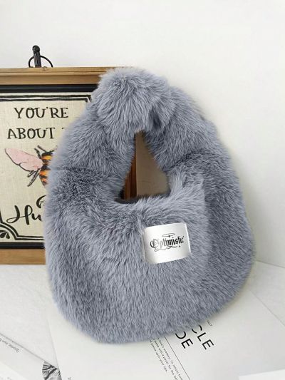 thegypsygoddess Cartoon Black Alphabet Plush Simple Fashionable Women's Dumpling Bag Handbag Fashion Clutch Knot Super Soft Personalized Letter Slogan Fuzy Handbag Underarm Bag