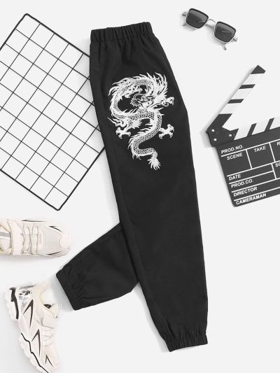 SHEIN Male Teenagers Casual And Comfortable Chinese Dragon Totem Pattern Leggings Trousers