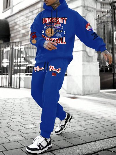 Men's Basketball Letter Print Drawstring Hoodie And Pants Set