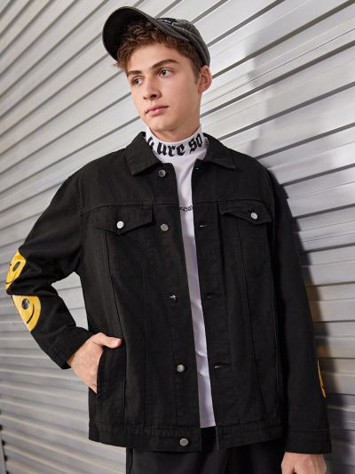 SHEIN Teen Boy Cartoon Graphic Flap Detail Denim Jacket