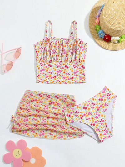 Little Girls' Floral Print Bikini Set With Cami Top, Briefs 3pcs/Set
