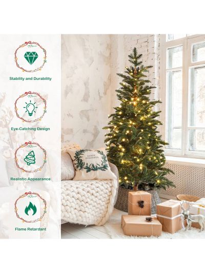 Costway 6ft Pre-Lit Artificial Hinged Pencil Christmas Tree w/250 Lights and Metal Stand