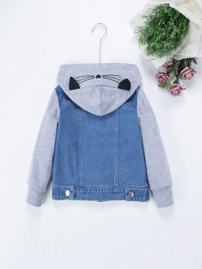 Young Girl Embroidery Cartoon Pattern Colorblock Hooded 2 In 1 Denim Jacket