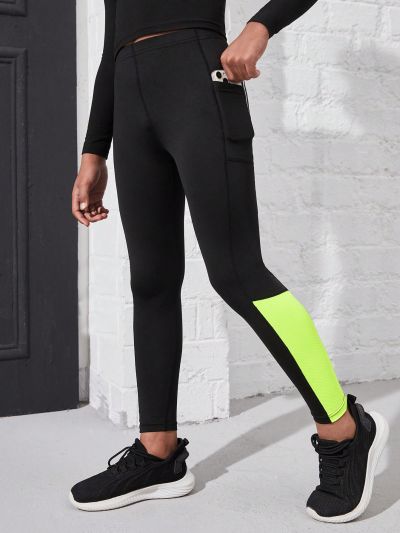 Color Block Sports Leggings With Phone Pocket
